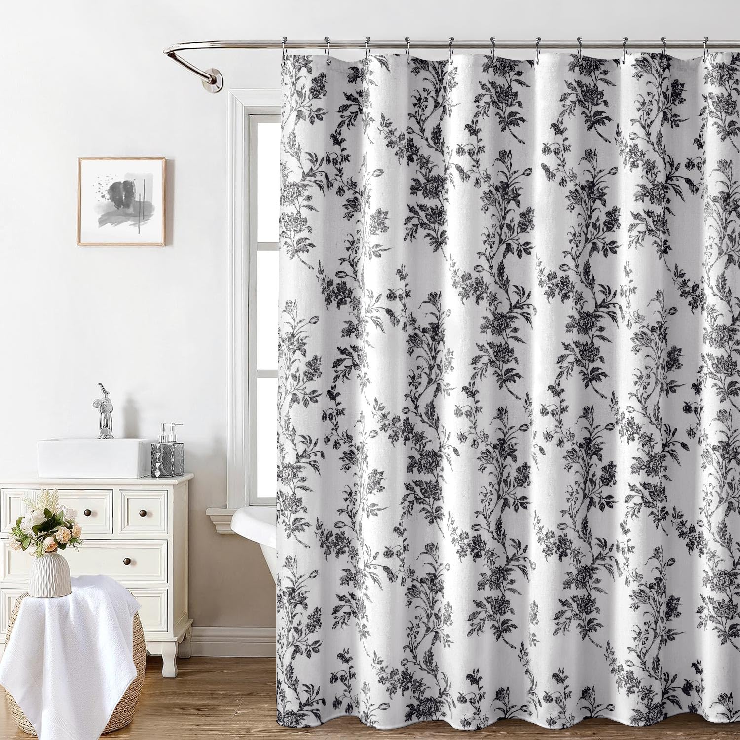 Awellife Black Shower Curtain,Cotton Floral Cottagecore Shower Curtain For Bathroom 72' W X 72' L